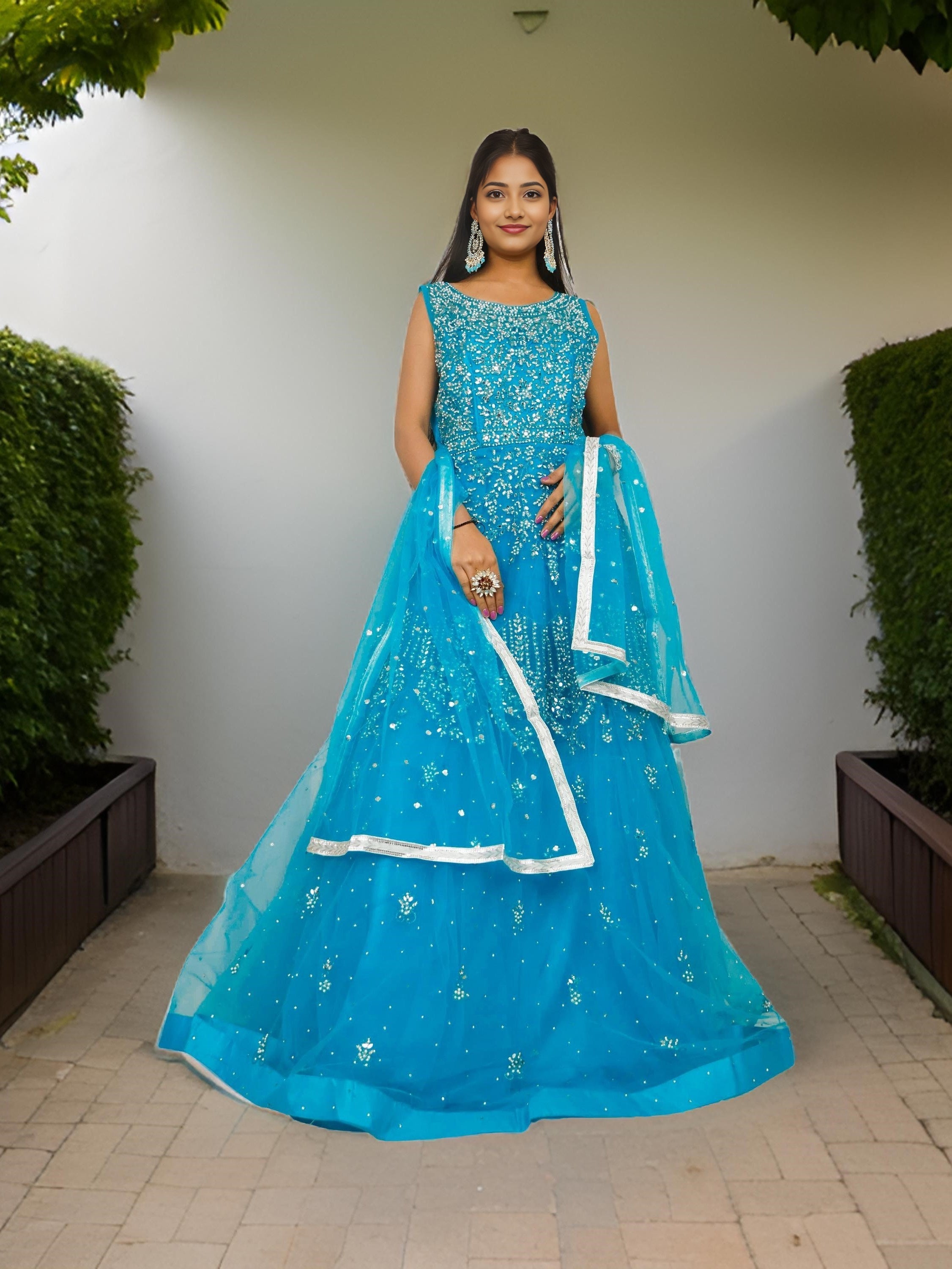 Net Fabric Gown with Mirror & Pearls by Shreekama