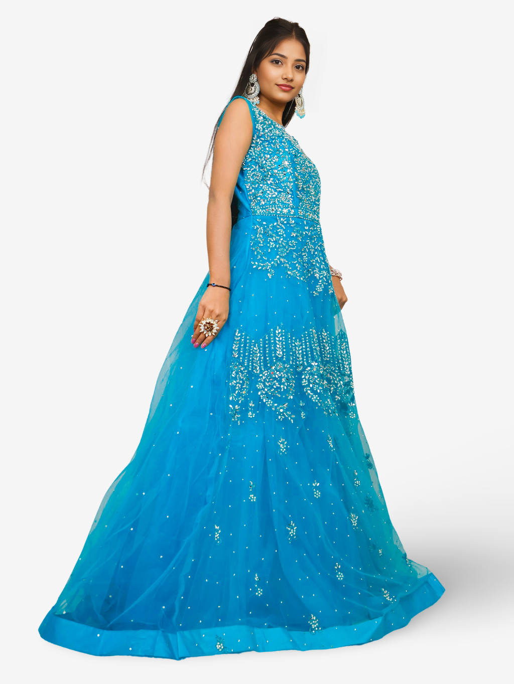 Net Fabric Gown with Mirror & Pearls by Shreekama
