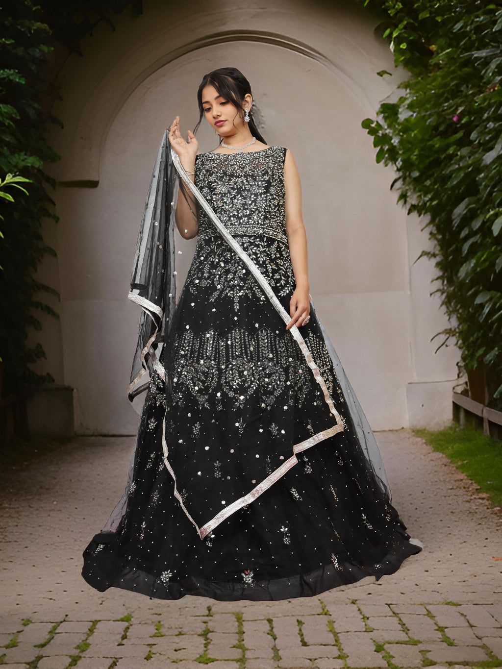 Net Fabric Gown with Mirror & Pearls by Shreekama