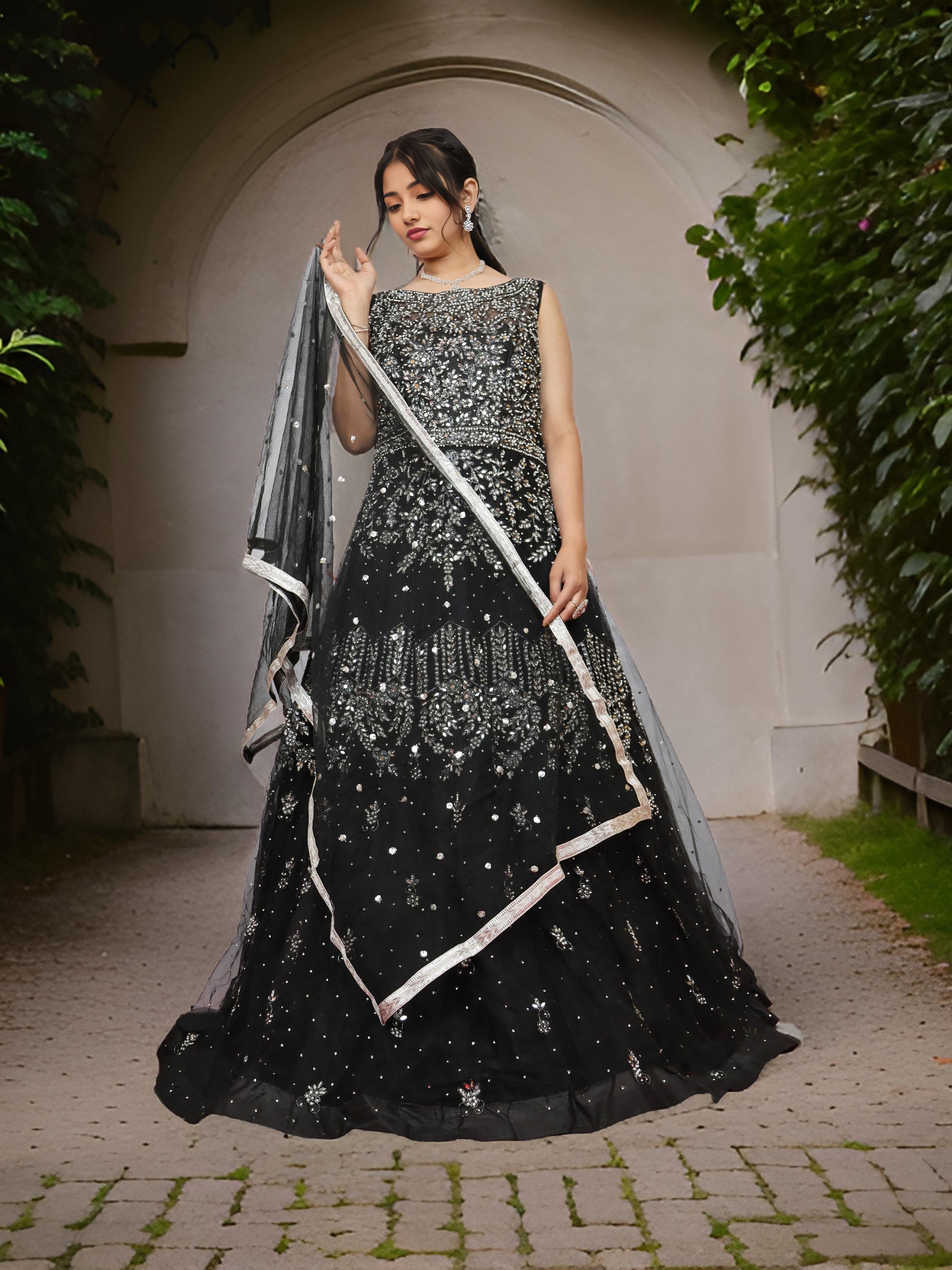 Net Fabric Gown with Mirror & Pearls by Shreekama